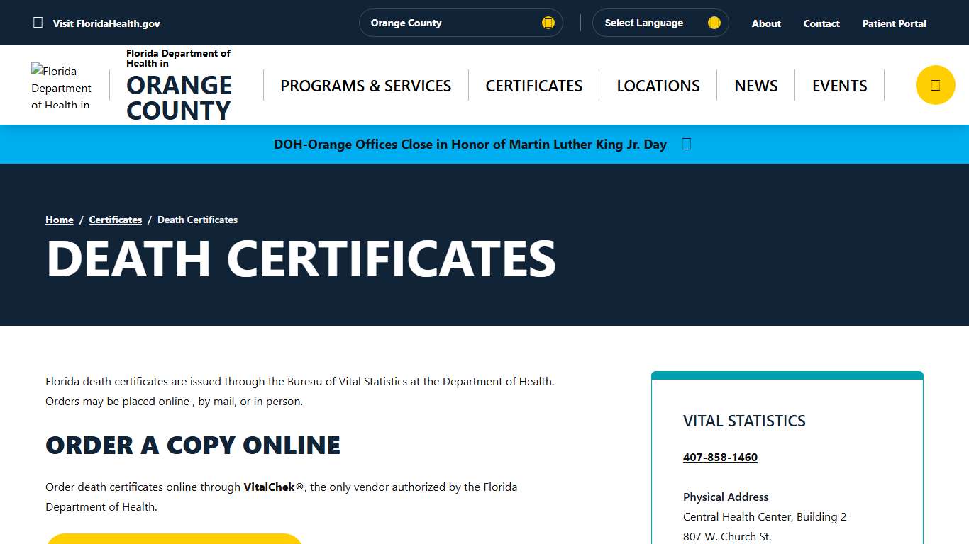 Death Certificates - Florida Department of Health in Orange County
