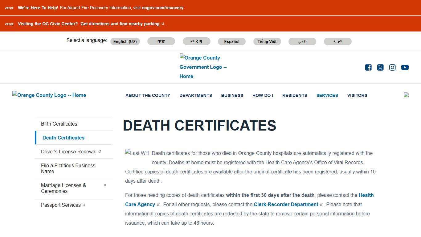 Death Certificates | Orange County